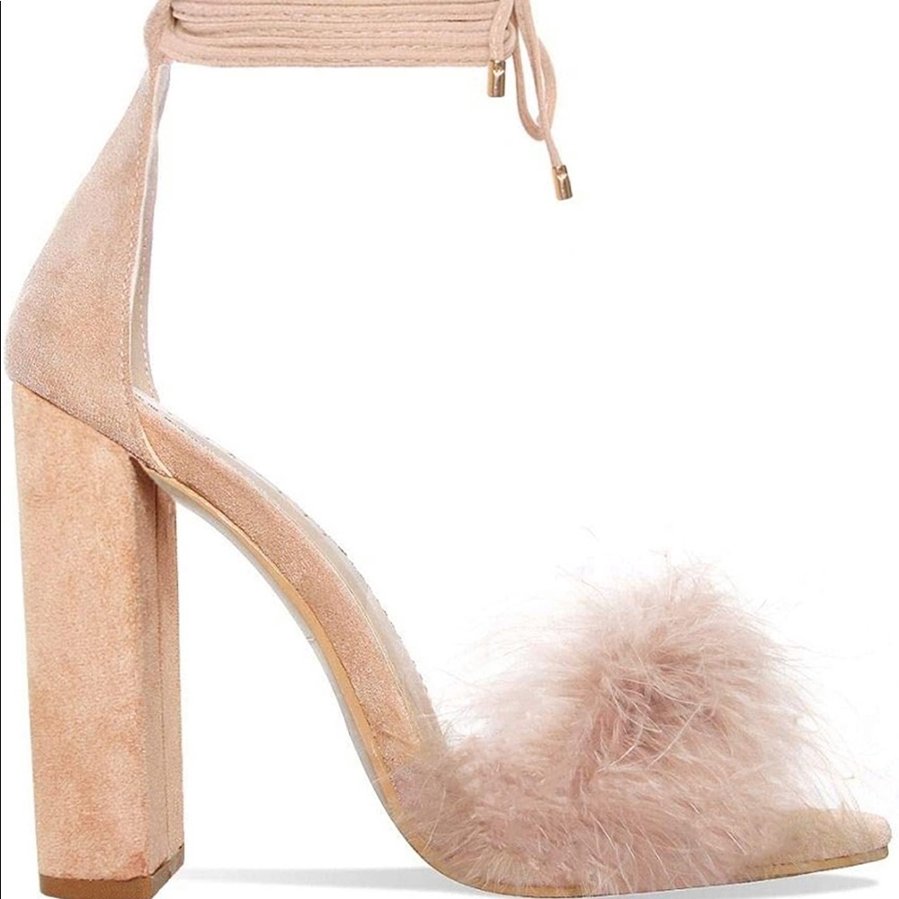 Soft pink tie up fur heels - Picture 2 of 2